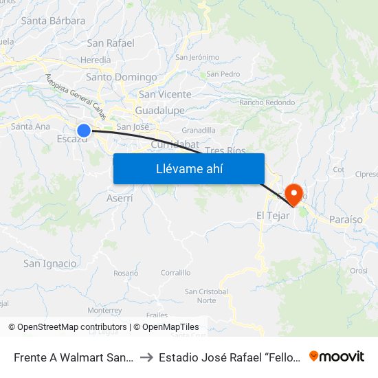 Frente A Walmart San Rafael, Escazú to Estadio José Rafael “Fello” Meza Ivancovich map
