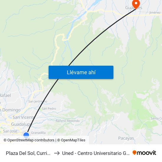 Plaza Del Sol, Curridabat to Uned - Centro Universitario Guápiles map