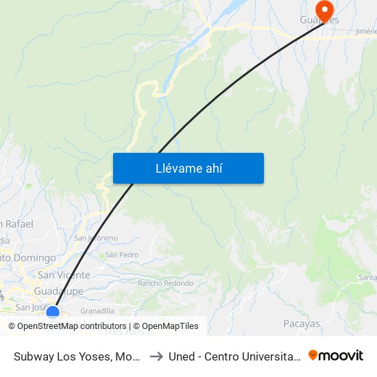 Subway Los Yoses, Montes De Oca to Uned - Centro Universitario Guápiles map