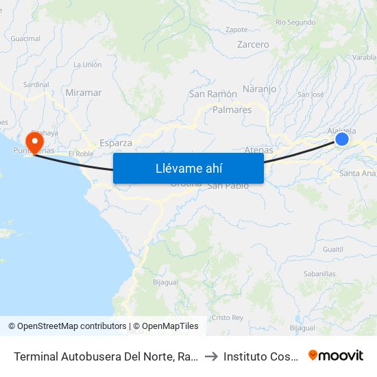 Terminal Autobusera Del Norte, Radial Francisco J. Orlich Alajuela to Instituto Cosvic Puntarenas map