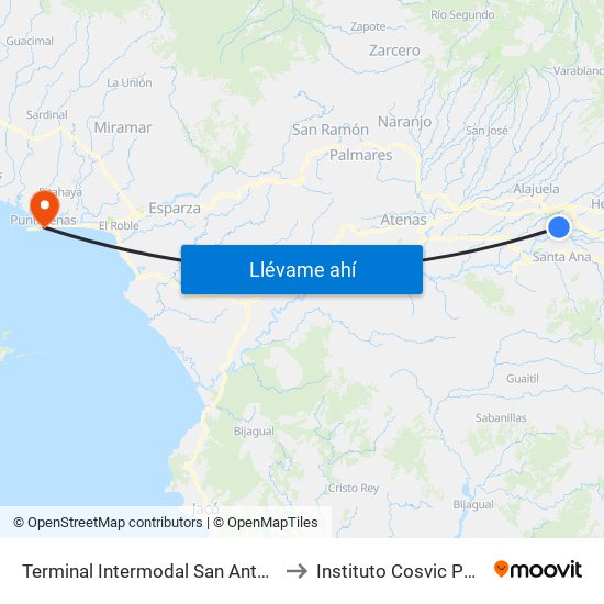 Terminal Intermodal San Antonio De Belén to Instituto Cosvic Puntarenas map