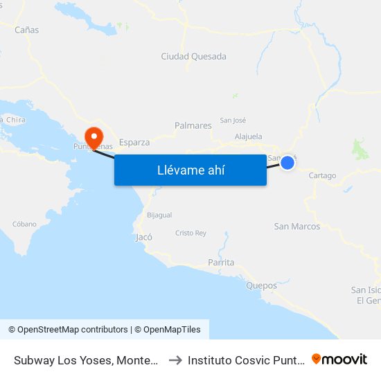 Subway Los Yoses, Montes De Oca to Instituto Cosvic Puntarenas map