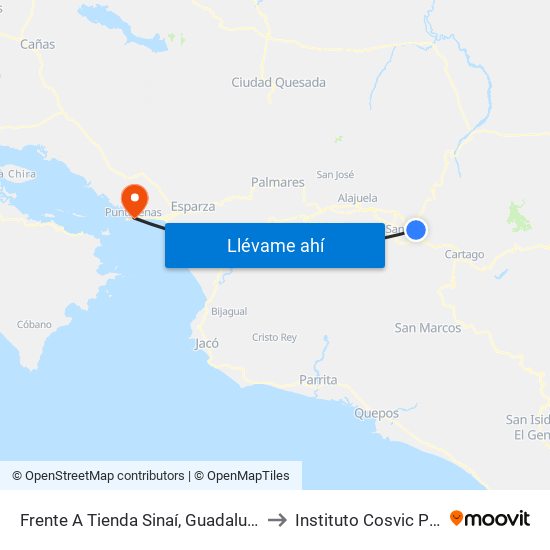 Frente A Tienda Sinaí, Guadalupe Goicoechea to Instituto Cosvic Puntarenas map