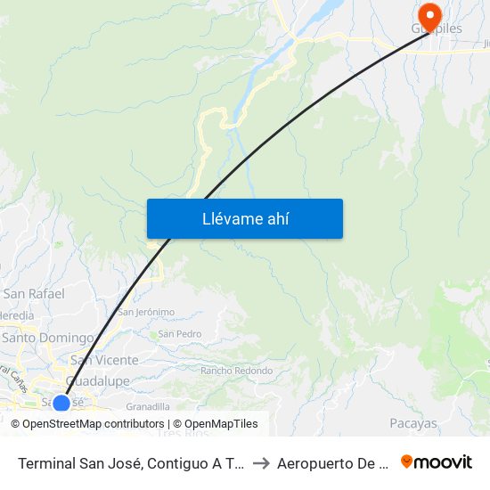 Terminal San José, Contiguo A Tienda Maracay to Aeropuerto De Guápiles map