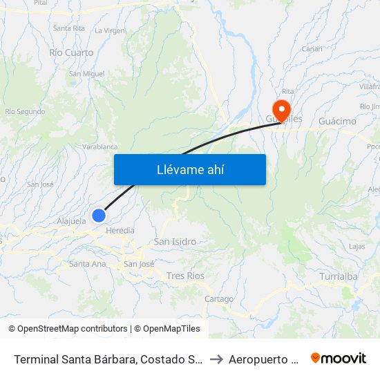 Terminal Santa Bárbara, Costado Sur Parque Santa Bárbara to Aeropuerto De Guápiles map