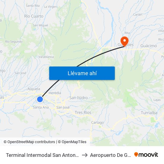 Terminal Intermodal San Antonio De Belén to Aeropuerto De Guápiles map