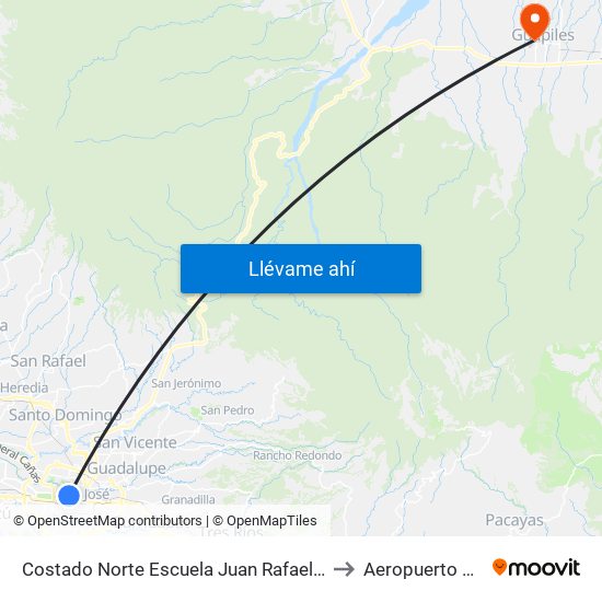 Costado Norte Escuela Juan Rafael Mora, Pitahaya San José to Aeropuerto De Guápiles map