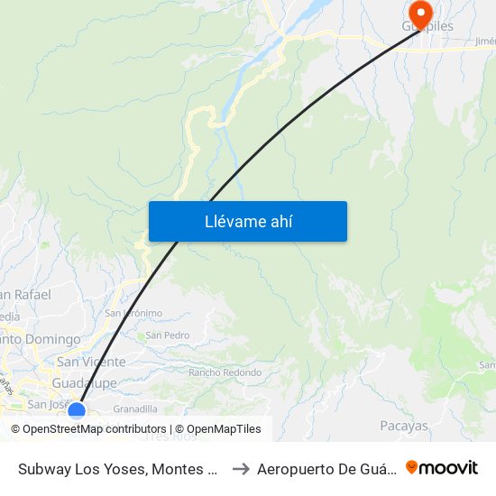 Subway Los Yoses, Montes De Oca to Aeropuerto De Guápiles map