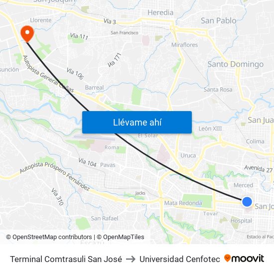 Terminal Comtrasuli San José to Universidad Cenfotec map