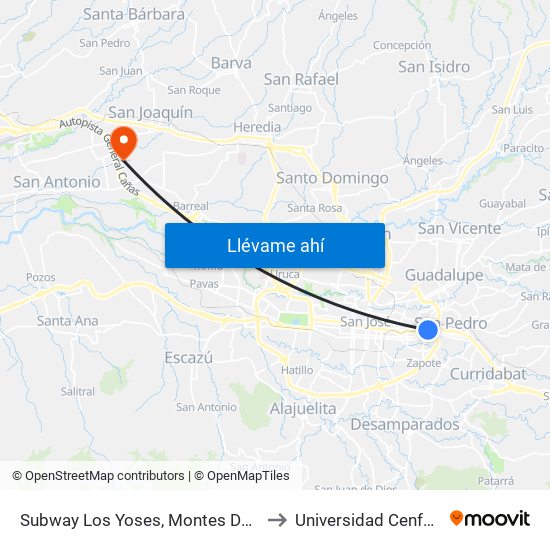 Subway Los Yoses, Montes De Oca to Universidad Cenfotec map