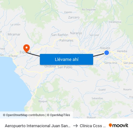 Aeropuerto Internacional Juan Santamaría, Alajuela to Clínica Ccss Esparza map