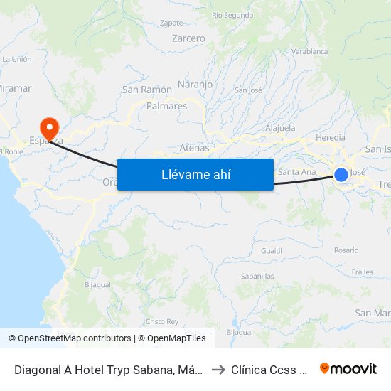 Diagonal A Hotel Tryp Sabana, Mántica San José to Clínica Ccss Esparza map