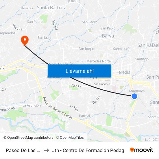 Paseo De Las Flores, Heredia to Utn - Centro De Formación Pedagógica Y Tecnología Educativa map