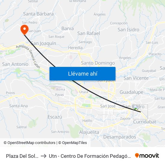 Plaza Del Sol, Curridabat to Utn - Centro De Formación Pedagógica Y Tecnología Educativa map