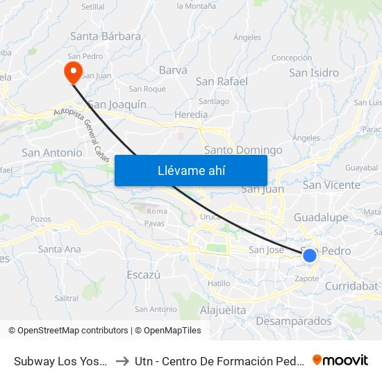 Subway Los Yoses, Montes De Oca to Utn - Centro De Formación Pedagógica Y Tecnología Educativa map
