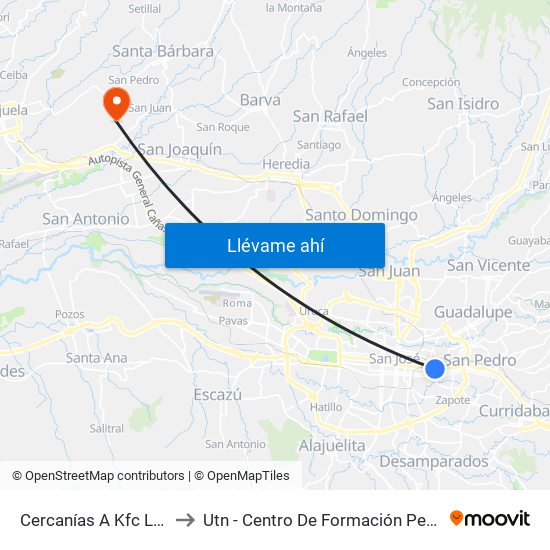 Cercanías A Kfc La California, San José to Utn - Centro De Formación Pedagógica Y Tecnología Educativa map