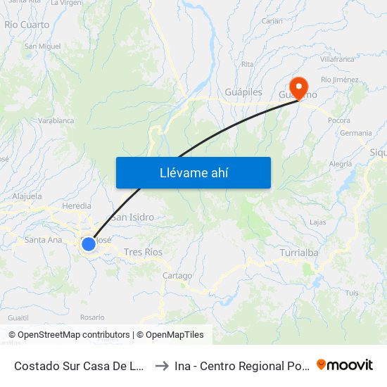 Costado Sur Casa De La Virgen, San Bosco San José to Ina - Centro Regional Polivalente José Joaquín Trejos map