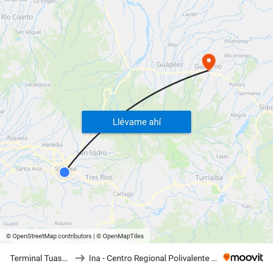 Terminal Tuasa San José to Ina - Centro Regional Polivalente José Joaquín Trejos map