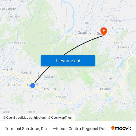 Terminal San José, Diagonal Plazoleta Tiradentes to Ina - Centro Regional Polivalente José Joaquín Trejos map