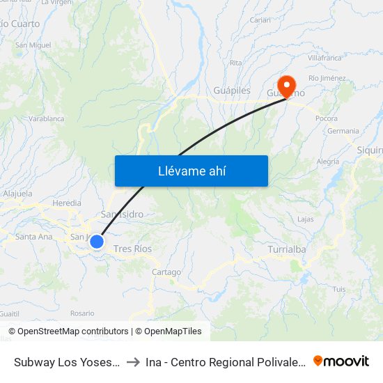 Subway Los Yoses, Montes De Oca to Ina - Centro Regional Polivalente José Joaquín Trejos map