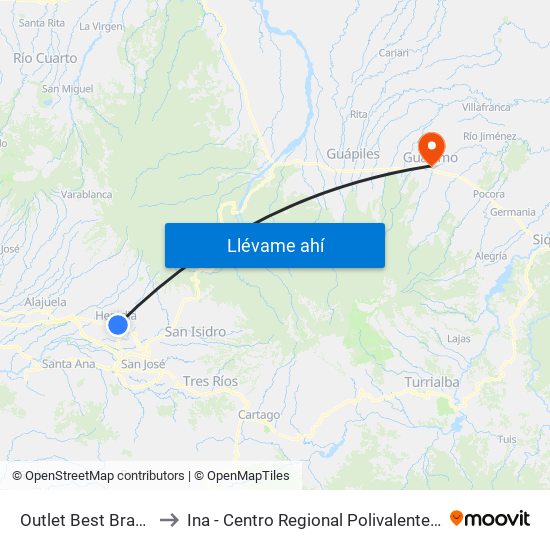 Outlet Best Brands Heredia to Ina - Centro Regional Polivalente José Joaquín Trejos map