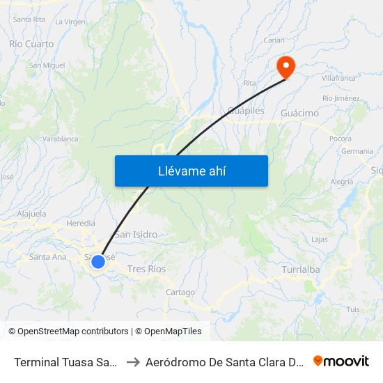 Terminal Tuasa San José to Aeródromo De Santa Clara De Pococí map