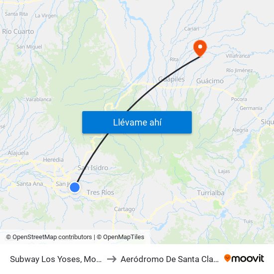 Subway Los Yoses, Montes De Oca to Aeródromo De Santa Clara De Pococí map