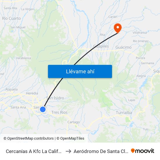 Cercanías A Kfc La California, San José to Aeródromo De Santa Clara De Pococí map