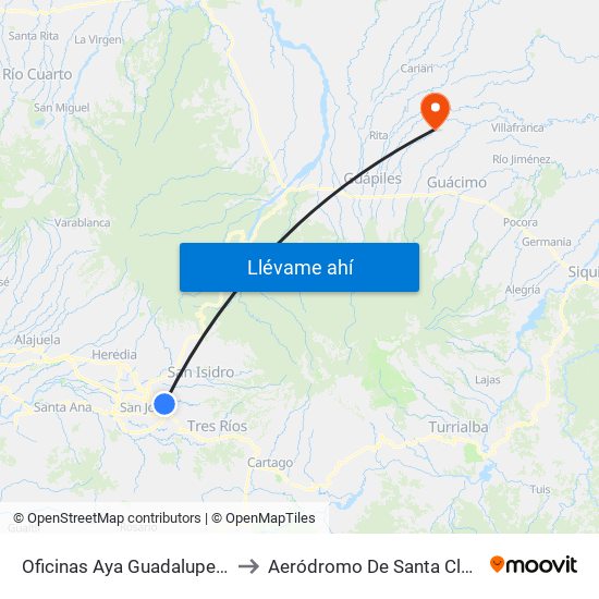 Oficinas Aya Guadalupe, Goicoechea to Aeródromo De Santa Clara De Pococí map