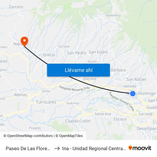 Paseo De Las Flores, Heredia to Ina - Unidad Regional Central Occidental map