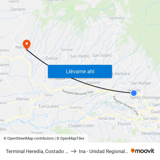 Terminal Heredia, Costado Norte Mercado Heredia to Ina - Unidad Regional Central Occidental map