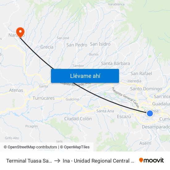 Terminal Tuasa San José to Ina - Unidad Regional Central Occidental map