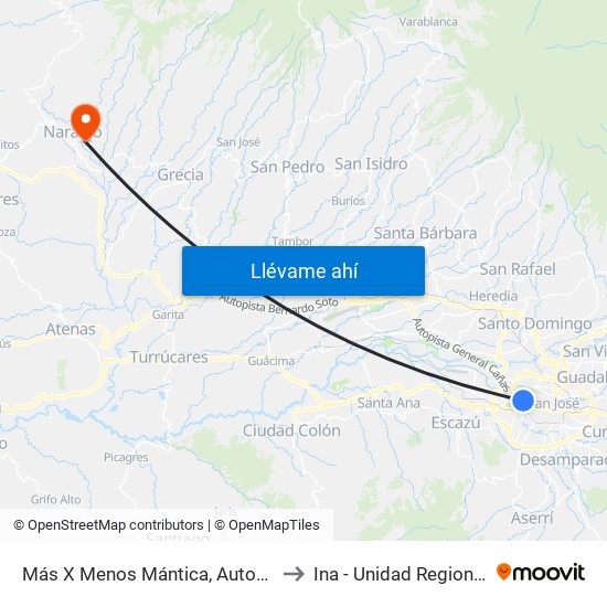 Más X Menos Mántica, Autopista General Cañas San José to Ina - Unidad Regional Central Occidental map