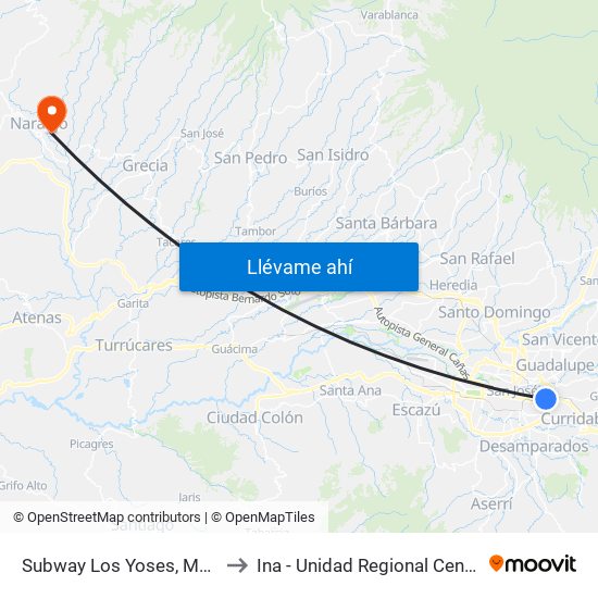 Subway Los Yoses, Montes De Oca to Ina - Unidad Regional Central Occidental map