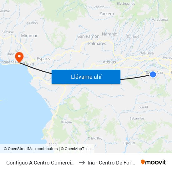 Contiguo A Centro Comercial Santa Ana Town Center to Ina - Centro De Formación Puntarenas map