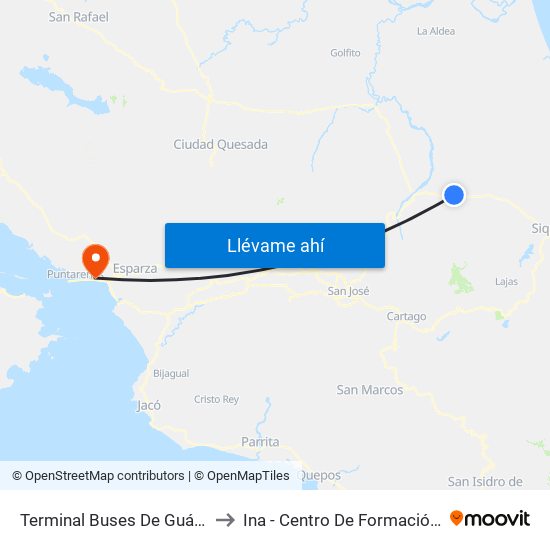 Terminal Buses De Guápiles, Pococí to Ina - Centro De Formación Puntarenas map