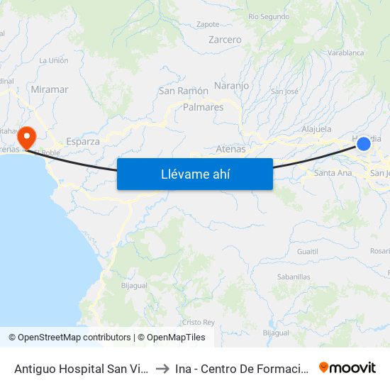 Antiguo Hospital San Vicente De Paul to Ina - Centro De Formación Puntarenas map