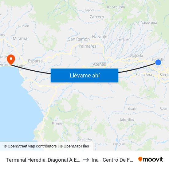 Terminal Heredia, Diagonal A Escuela Braulio Morales Cervantes to Ina - Centro De Formación Puntarenas map