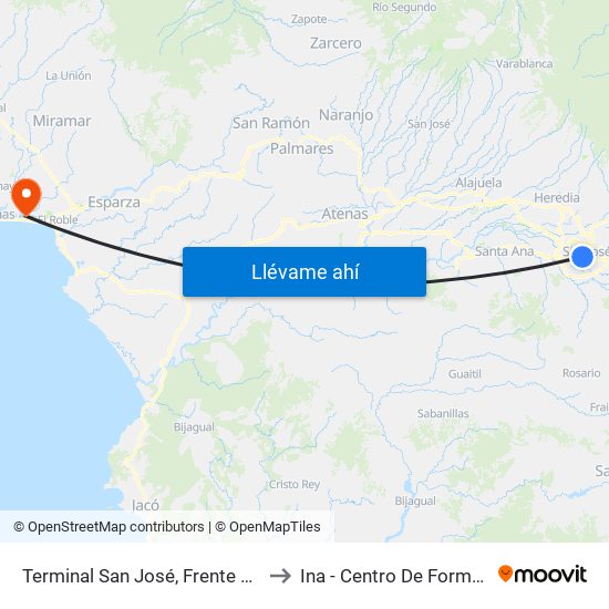 Terminal San José, Frente A Mercado Coca Cola to Ina - Centro De Formación Puntarenas map