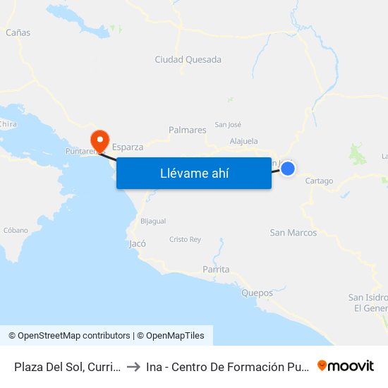 Plaza Del Sol, Curridabat to Ina - Centro De Formación Puntarenas map
