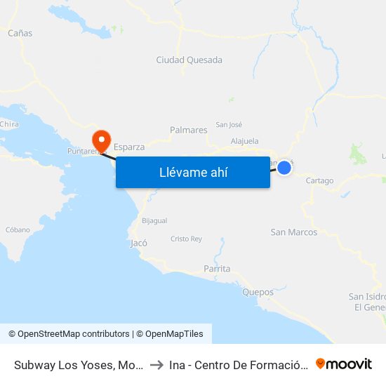 Subway Los Yoses, Montes De Oca to Ina - Centro De Formación Puntarenas map