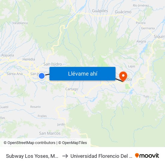 Subway Los Yoses, Montes De Oca to Universidad Florencio Del Castillo ( Uca ) map