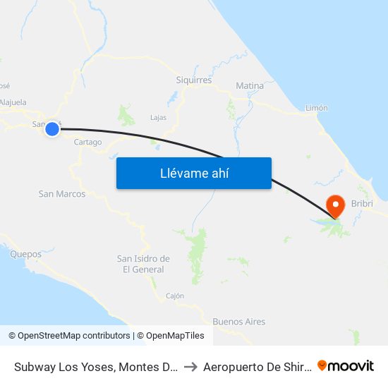 Subway Los Yoses, Montes De Oca to Aeropuerto De Shiroles map