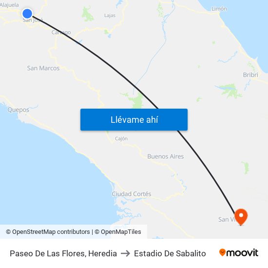 Paseo De Las Flores, Heredia to Estadio De Sabalito map
