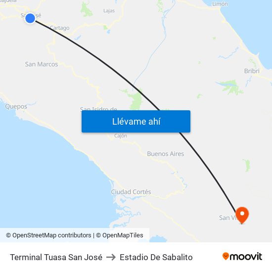 Terminal Tuasa San José to Estadio De Sabalito map