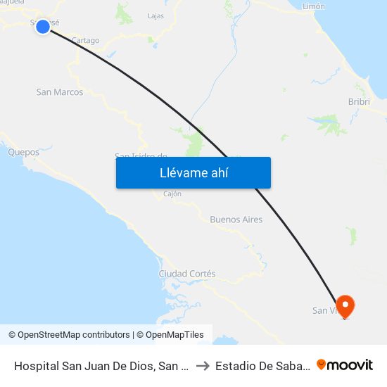 Hospital San Juan De Dios, San José to Estadio De Sabalito map