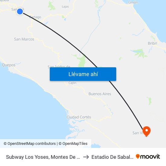 Subway Los Yoses, Montes De Oca to Estadio De Sabalito map