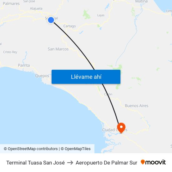 Terminal Tuasa San José to Aeropuerto De Palmar Sur map