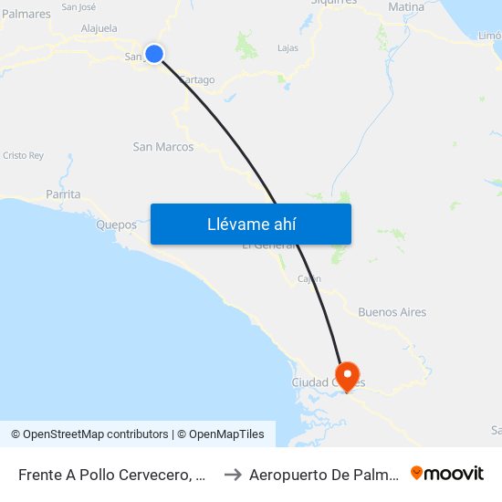 Frente A Pollo Cervecero, Moravia to Aeropuerto De Palmar Sur map