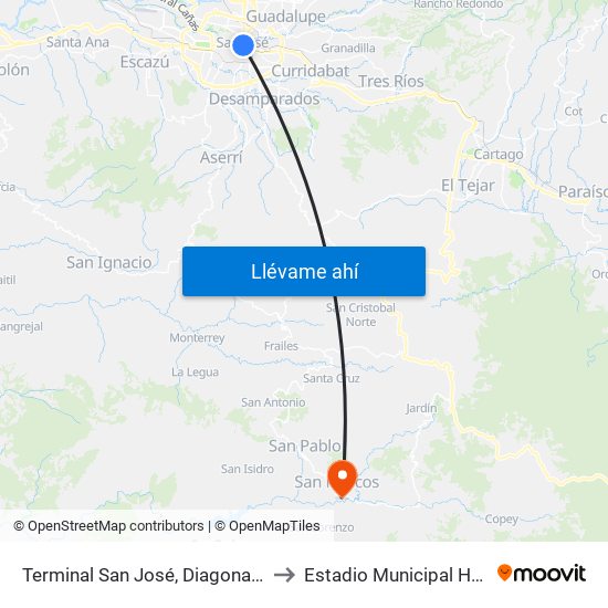 Terminal San José, Diagonal Plazoleta Tiradentes to Estadio Municipal Hnos Umaña Parra map